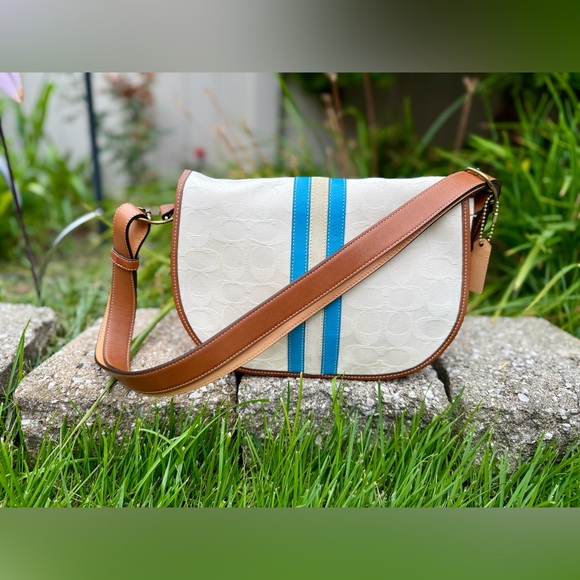 Vintage Coach Signature Stripe Saddle Bag in Blue and White Suede